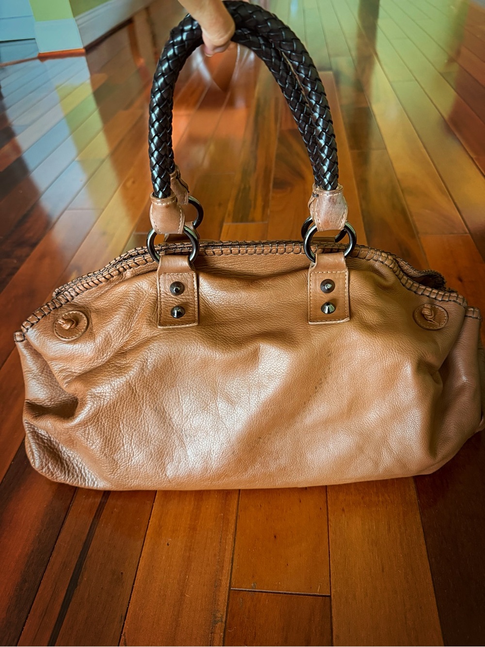 Carlos Falchi Cognac / Tan Leather Shoulder Bag with Dark Braided Handles